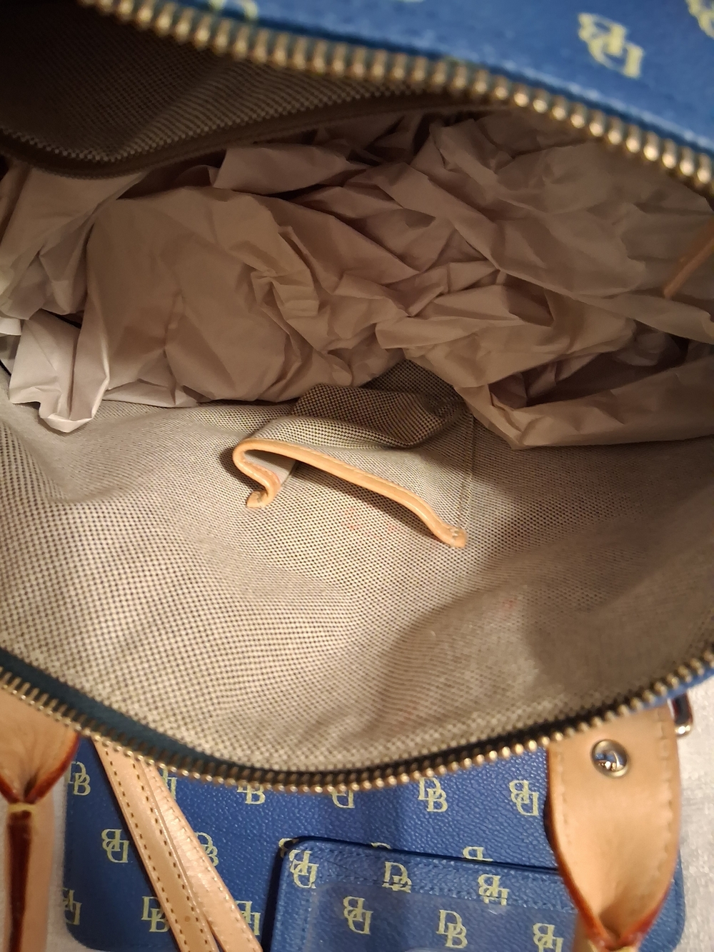 Dooney & Bourke Blue Monogram Satchel with Tan Trim and Accessories - Picture 5 of 6